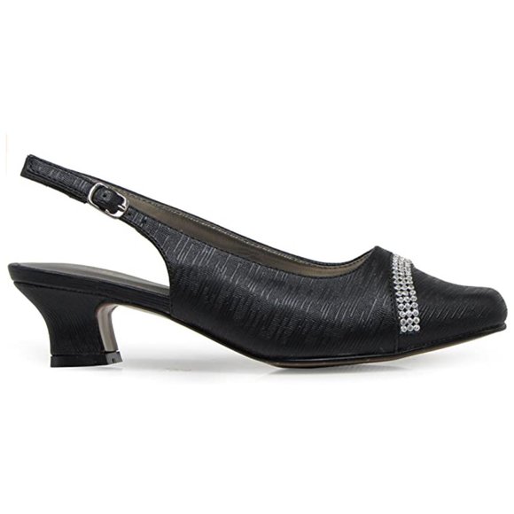 Women's Wide Width Sling Back Low Heeled Pumps Sandals Shoes Dressy Satin Stones - Picture 4 of 5